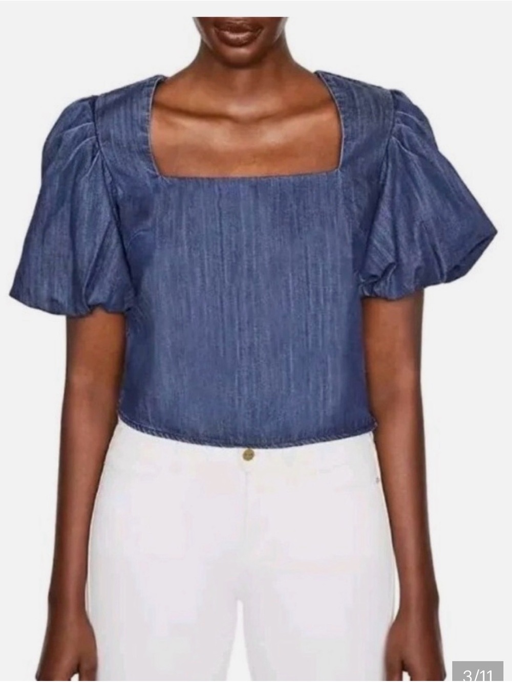 Frame Denim Indigo Square-Neck Puff Sleeve Top